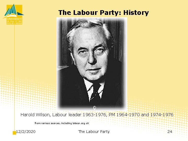 The Labour Party: History Harold Wilson, Labour leader 1963 -1976, PM 1964 -1970 and