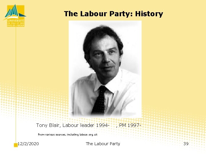 The Labour Party: History Tony Blair, Labour leader 1994 - , PM 1997 -