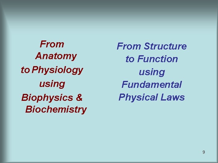 From Anatomy to Physiology using Biophysics & Biochemistry From Structure to Function using Fundamental
