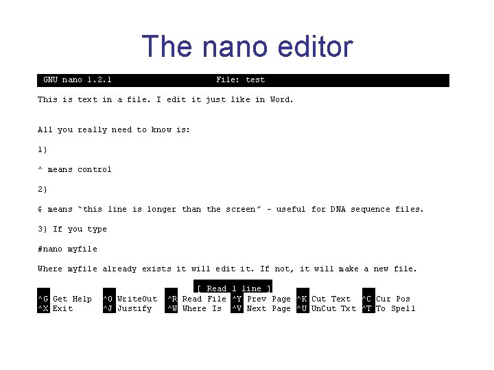 The nano editor GNU nano 1. 2. 1 File: test This is text in