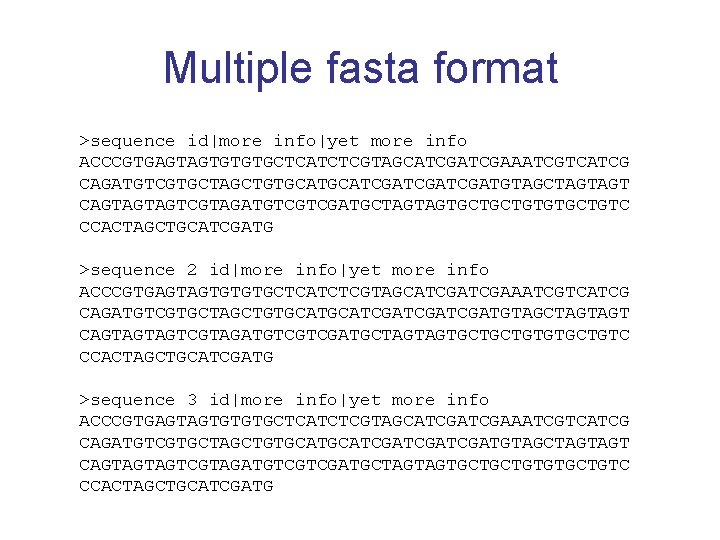 Multiple fasta format >sequence id|more info|yet more info ACCCGTGAGTAGTGTGTGCTCATCTCGTAGCATCGAAATCGTCATCG CAGATGTCGTGCTAGCTGTGCATCGATCGATGTAGCTAGTAGT CAGTAGTAGTCGTAGATGTCGTCGATGCTAGTAGTGCTGCTGTGTGCTGTC CCACTAGCTGCATCGATG >sequence 2