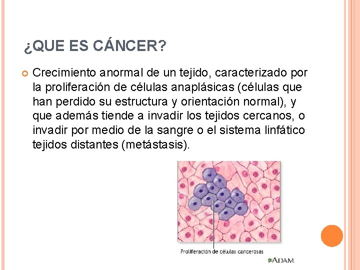 ¿QUE ES CÁNCER? Crecimiento anormal de un tejido, caracterizado por la proliferación de células