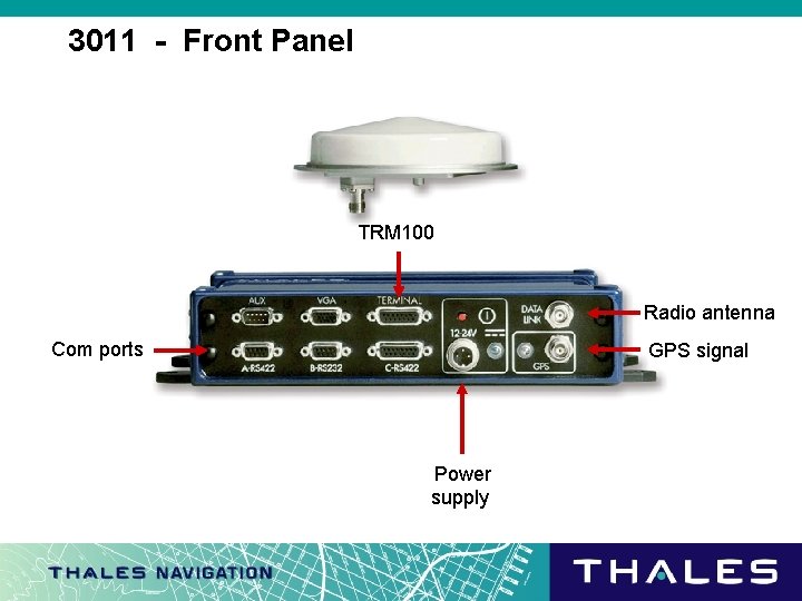 3011 - Front Panel TRM 100 Radio antenna Com ports GPS signal Power supply