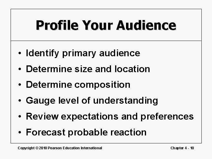 Profile Your Audience • Identify primary audience • Determine size and location • Determine
