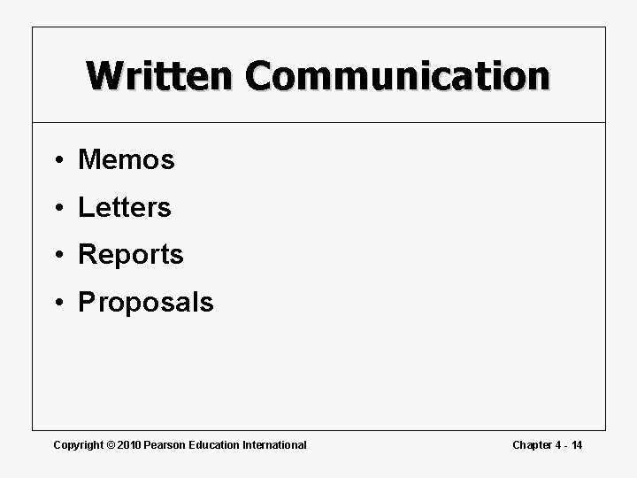Written Communication • Memos • Letters • Reports • Proposals Copyright © 2010 Pearson
