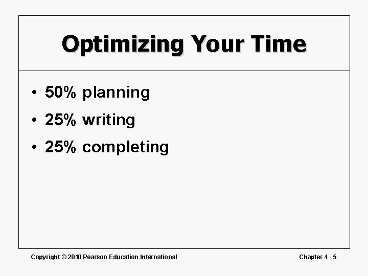 Optimizing Your Time • 50% planning • 25% writing • 25% completing Copyright ©
