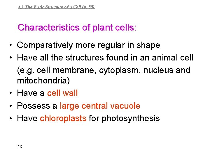 4. 3 The Basic Structure of a Cell (p. 89) Characteristics of plant cells: