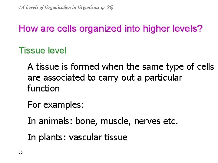 4. 4 Levels of Organization in Organisms (p. 96) How are cells organized into