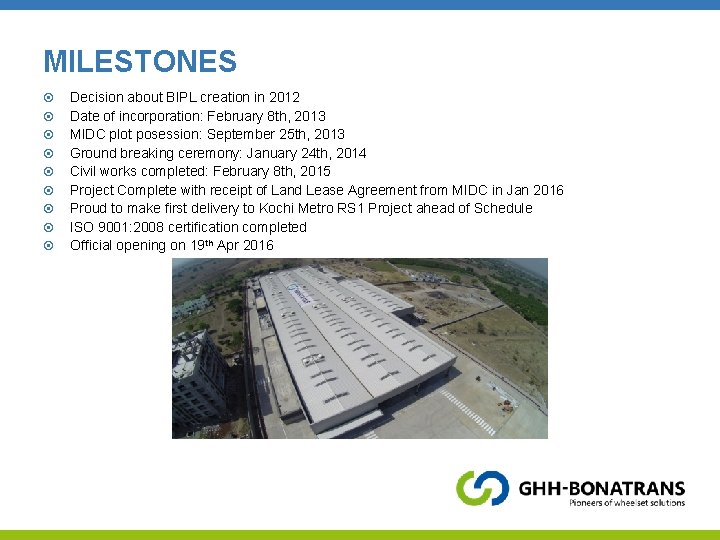 MILESTONES Decision about BIPL creation in 2012 Date of incorporation: February 8 th, 2013