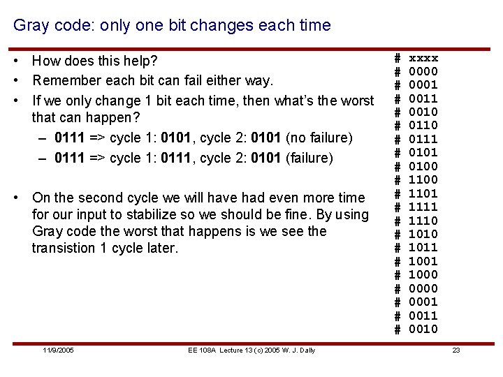 Gray code: only one bit changes each time • How does this help? •