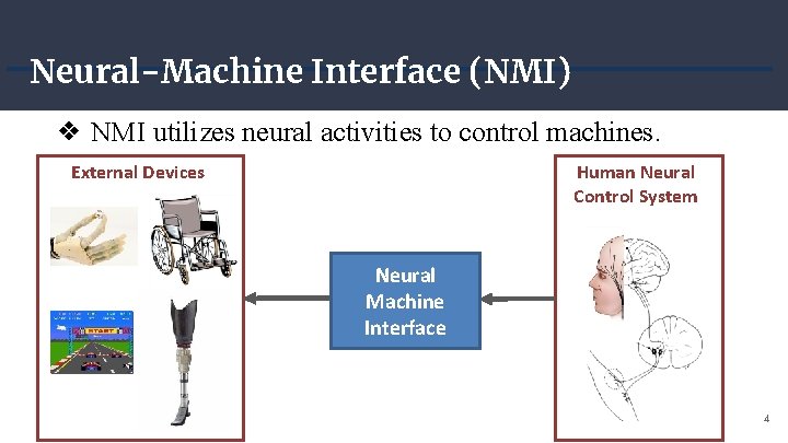 Neural-Machine Interface (NMI) ❖ NMI utilizes neural activities to control machines. External Devices Human