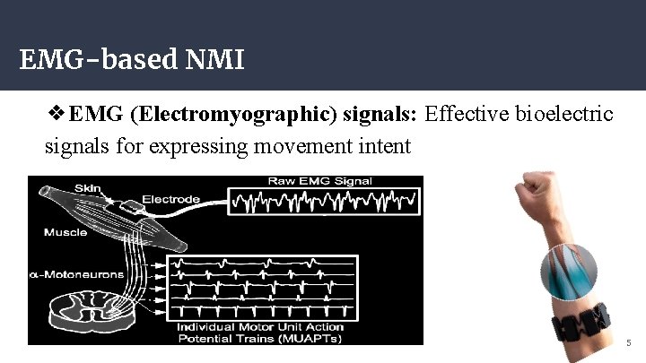 EMG-based NMI ❖EMG (Electromyographic) signals: Effective bioelectric signals for expressing movement intent 5 