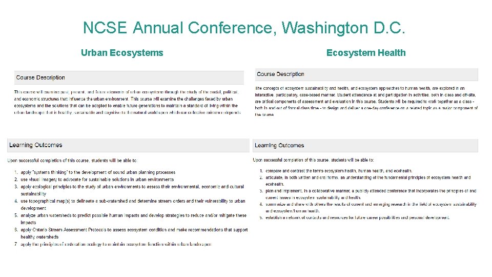 NCSE Annual Conference, Washington D. C. Urban Ecosystems Ecosystem Health 