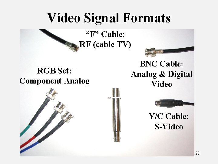 Video Signal Formats “F” Cable: RF (cable TV) RGB Set: Component Analog BNC Cable: