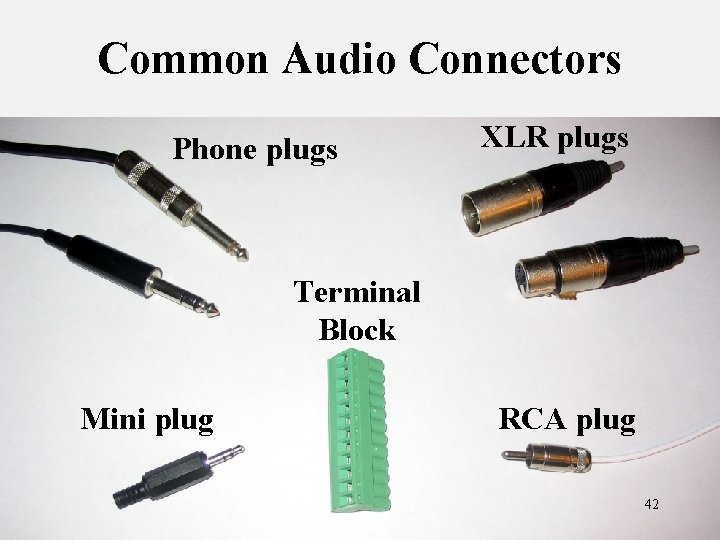 Common Audio Connectors Phone plugs XLR plugs Terminal Block Mini plug RCA plug 42