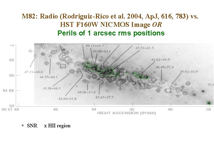 M 82: Radio (Rodriguiz-Rico et al. 2004, Ap. J, 616, 783) vs. HST F