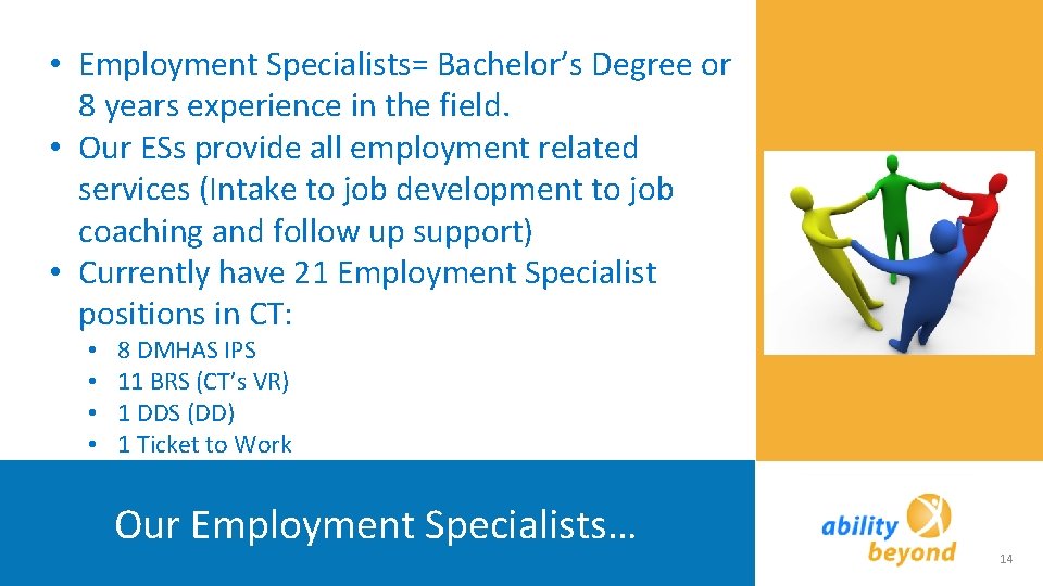  • Employment Specialists= Bachelor’s Degree or 8 years experience in the field. •