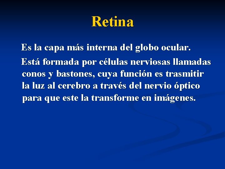 Retina Es la capa más interna del globo ocular. Está formada por células nerviosas