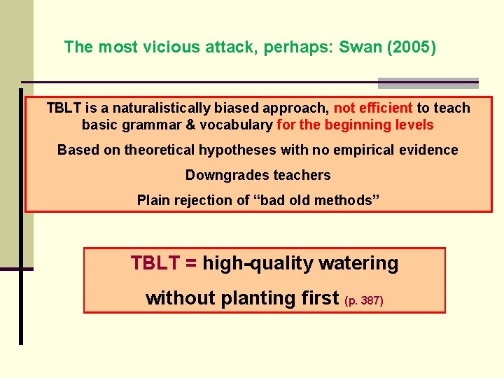 The most vicious attack, perhaps: Swan (2005) TBLT is a naturalistically biased approach, not