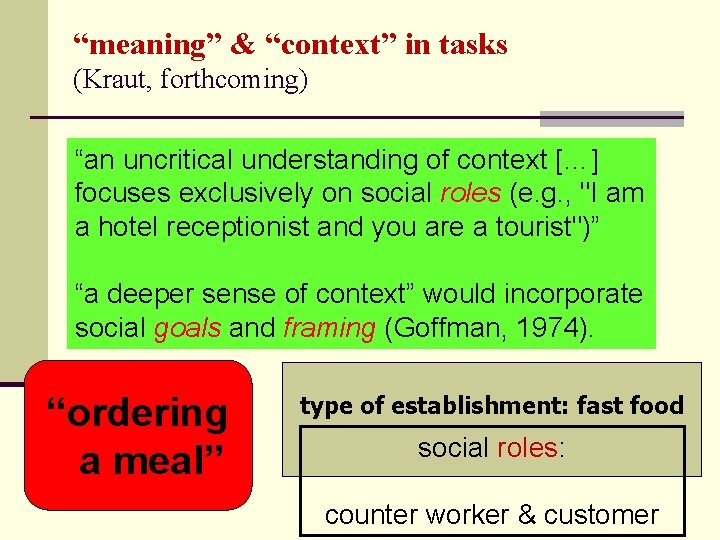 “meaning” & “context” in tasks (Kraut, forthcoming) “an uncritical understanding of context […] focuses