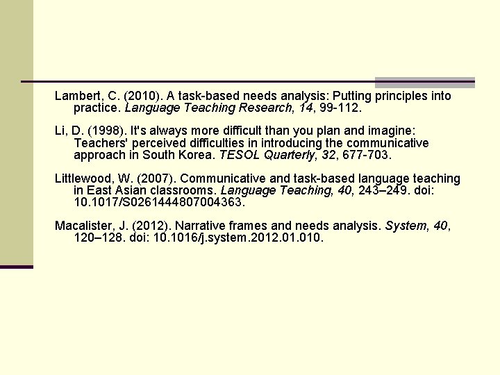 Lambert, C. (2010). A task-based needs analysis: Putting principles into practice. Language Teaching Research,