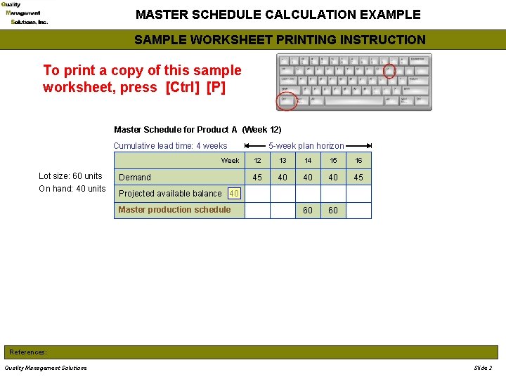 MASTER SCHEDULE CALCULATION EXAMPLE SAMPLE WORKSHEET PRINTING INSTRUCTION To print a copy of this