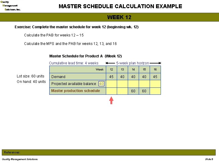 MASTER SCHEDULE CALCULATION EXAMPLE WEEK 12 Exercise: Complete the master schedule for week 12