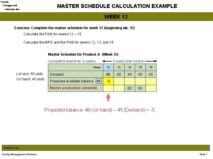 MASTER SCHEDULE CALCULATION EXAMPLE WEEK 12 Exercise: Complete the master schedule for week 12