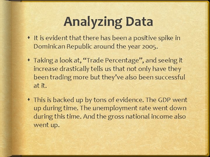Analyzing Data It is evident that there has been a positive spike in Dominican