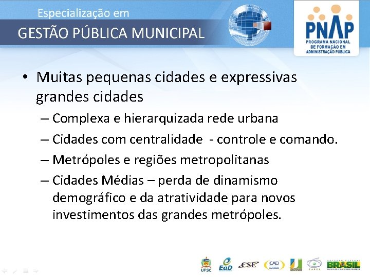  • Muitas pequenas cidades e expressivas grandes cidades – Complexa e hierarquizada rede