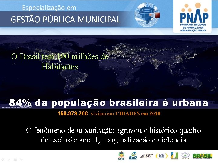 O Brasil tem 190 milhões de Habitantes 84% da população brasileira é urbana 160.
