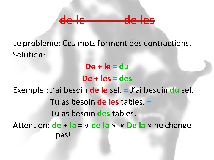 de les Le problème: Ces mots forment des contractions. Solution: De + le =
