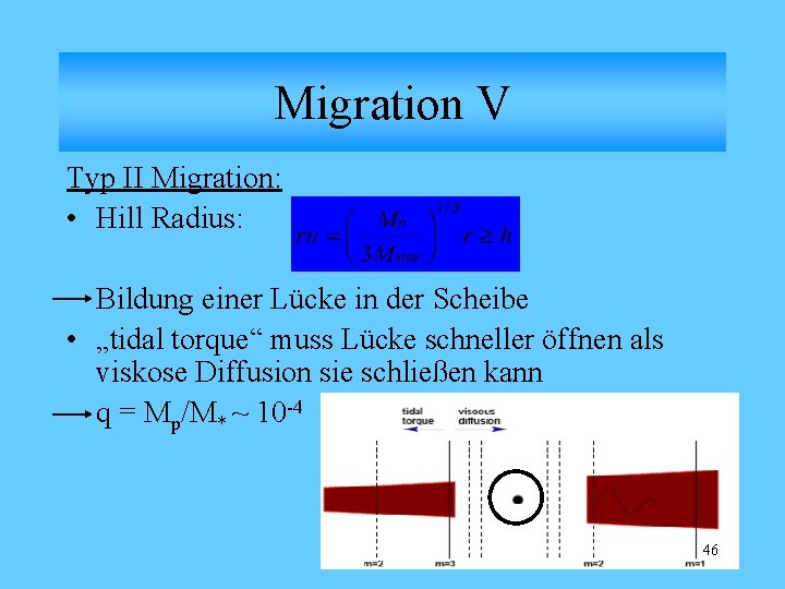 Migration V Typ II Migration: • Hill Radius: Bildung einer Lücke in der Scheibe