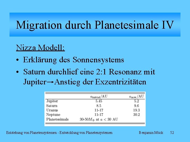 Migration durch Planetesimale IV Nizza Modell: • Erklärung des Sonnensystems • Saturn durchlief eine