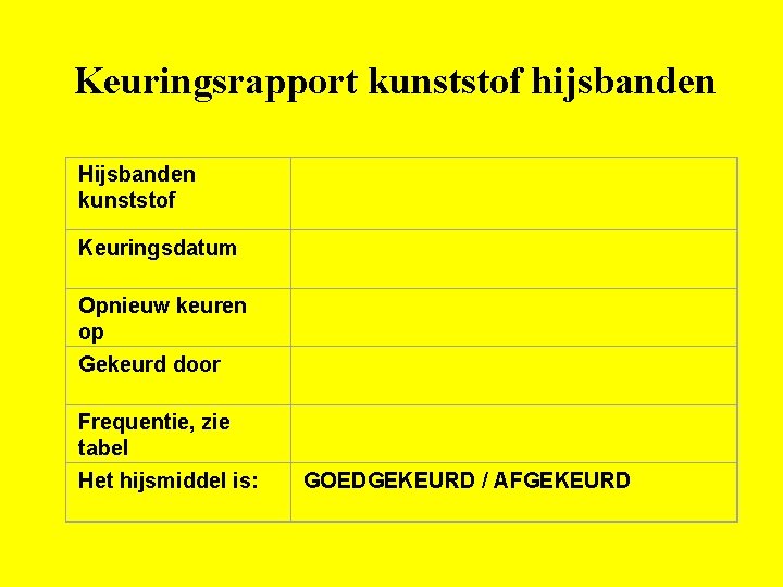 Keuringsrapport kunststof hijsbanden Hijsbanden kunststof Keuringsdatum Opnieuw keuren op Gekeurd door Frequentie, zie tabel