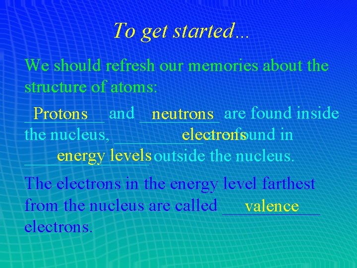 To get started… We should refresh our memories about the structure of atoms: _____