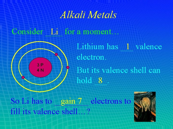 Alkali Metals Consider ____ Li for a moment… Lithium has ___ 1 valence electron.
