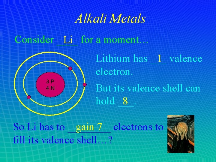 Alkali Metals Consider ____ Li for a moment… Lithium has ___ 1 valence electron. Alkali Metals Consider ____ Li for a moment… Lithium has ___ 1 valence electron.