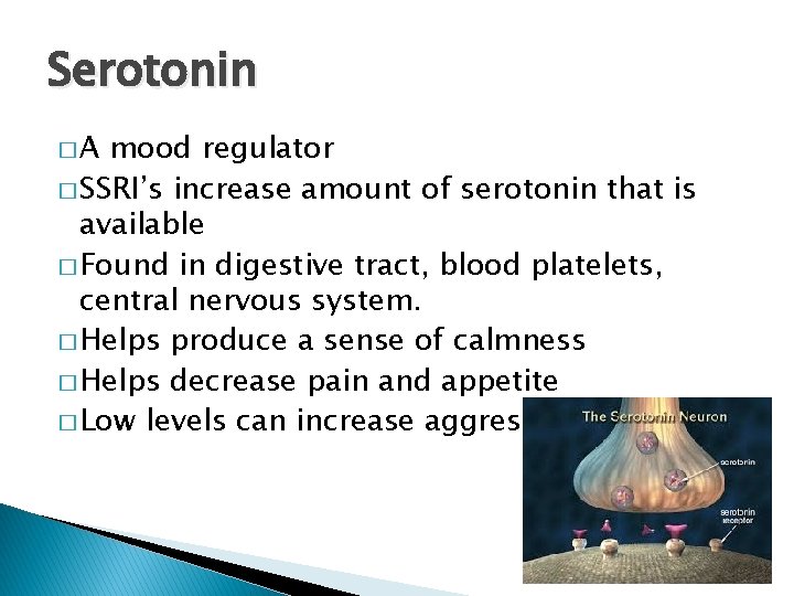 Serotonin �A mood regulator � SSRI’s increase amount of serotonin that is available �