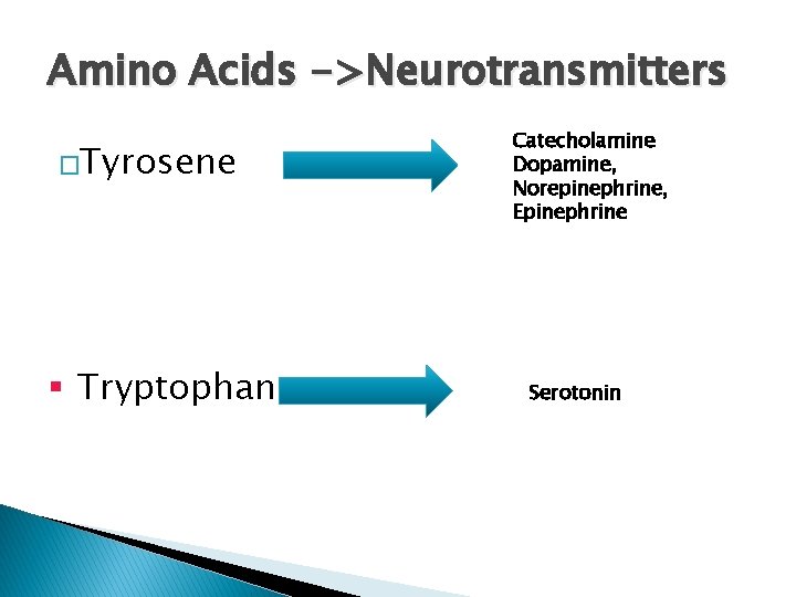 Amino Acids ->Neurotransmitters �Tyrosene § Tryptophan Catecholamine Dopamine, Norepinephrine, Epinephrine Serotonin 