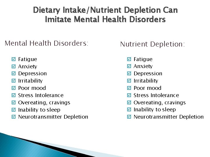 Dietary Intake/Nutrient Depletion Can Imitate Mental Health Disorders: þ þ þ þ þ Fatigue