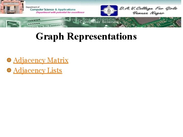 Graph Representations Adjacency Matrix Adjacency Lists 