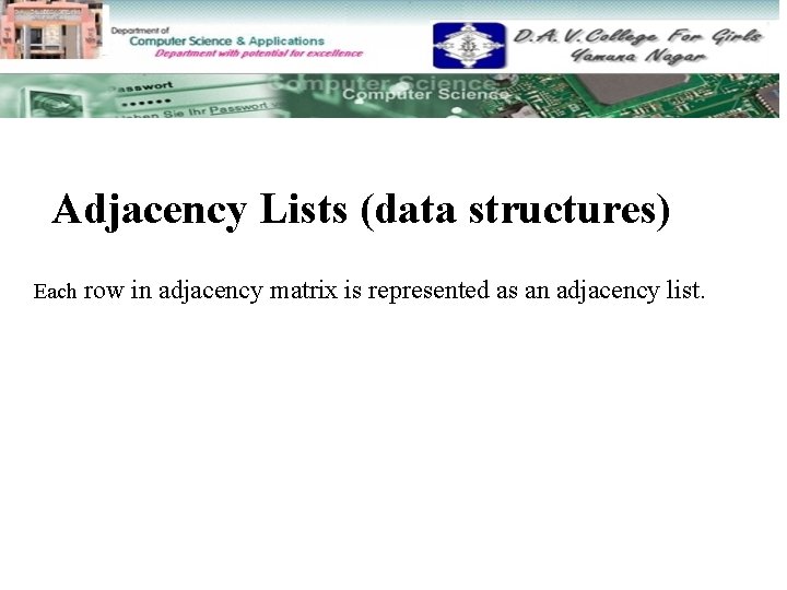 Adjacency Lists (data structures) Each row in adjacency matrix is represented as an adjacency