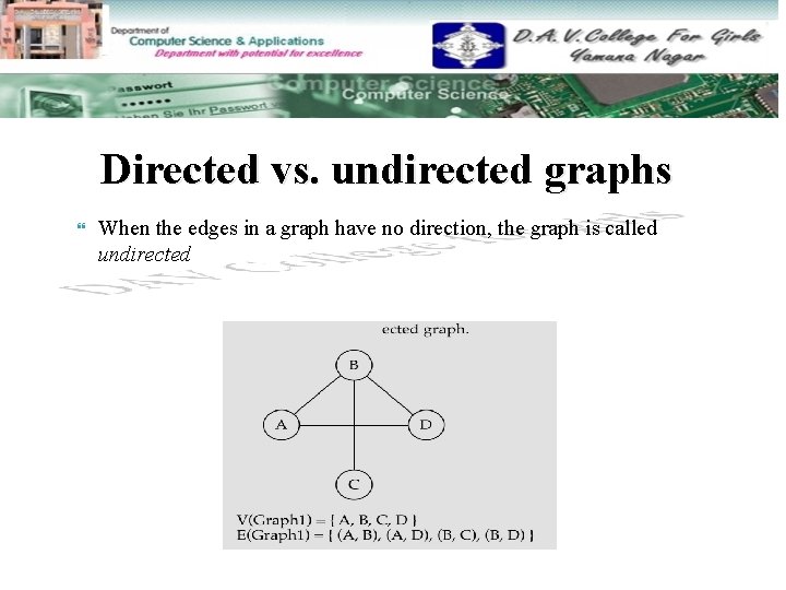 Directed vs. undirected graphs When the edges in a graph have no direction, the