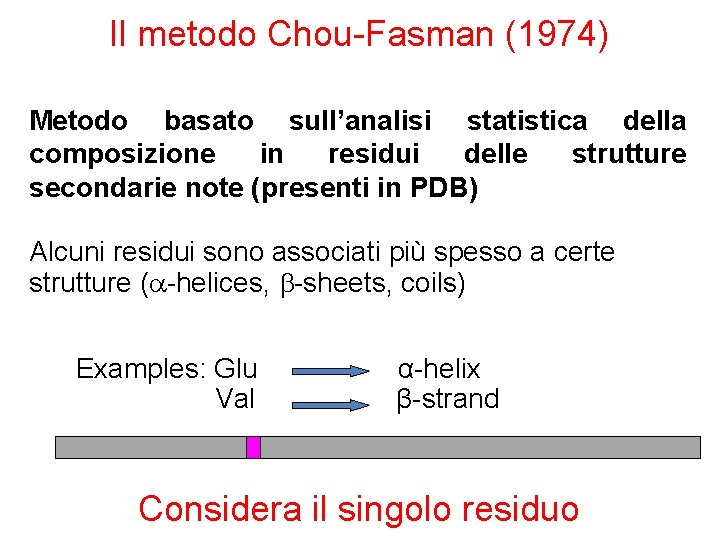 Il metodo Chou-Fasman (1974) Metodo basato sull’analisi statistica della composizione in residui delle strutture