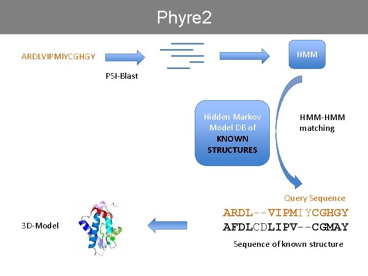 Phyre 2 HMM ARDLVIPMIYCGHGY PSI-Blast Hidden Markov Model DB of KNOWN STRUCTURES HMM-HMM matching