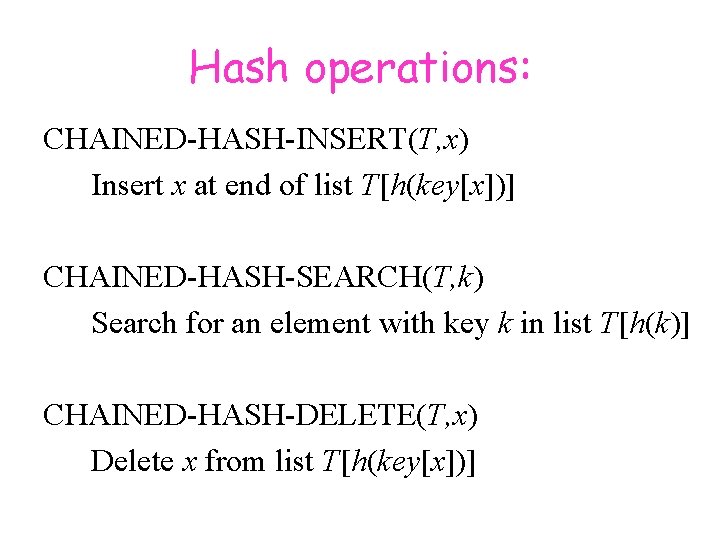 Hash operations: CHAINED-HASH-INSERT(T, x) Insert x at end of list T[h(key[x])] CHAINED-HASH-SEARCH(T, k) Search