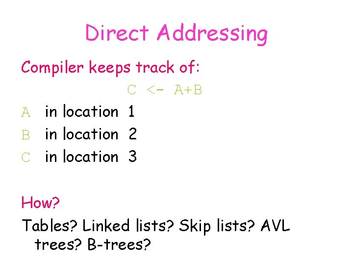 Direct Addressing Compiler keeps track of: C <- A+B A in location 1 B