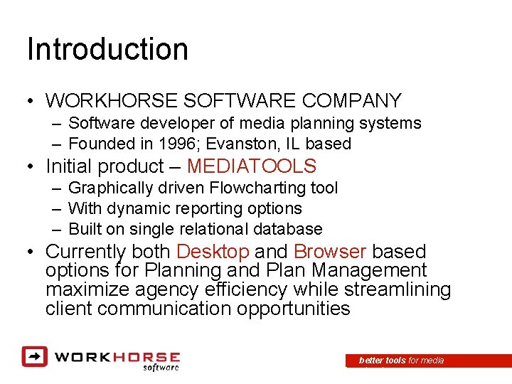 Introduction • WORKHORSE SOFTWARE COMPANY – Software developer of media planning systems – Founded