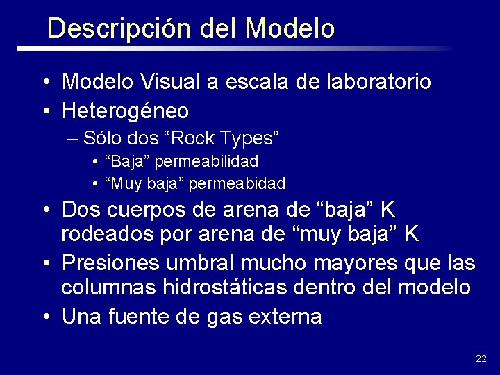 Descripción del Modelo • Modelo Visual a escala de laboratorio • Heterogéneo – Sólo